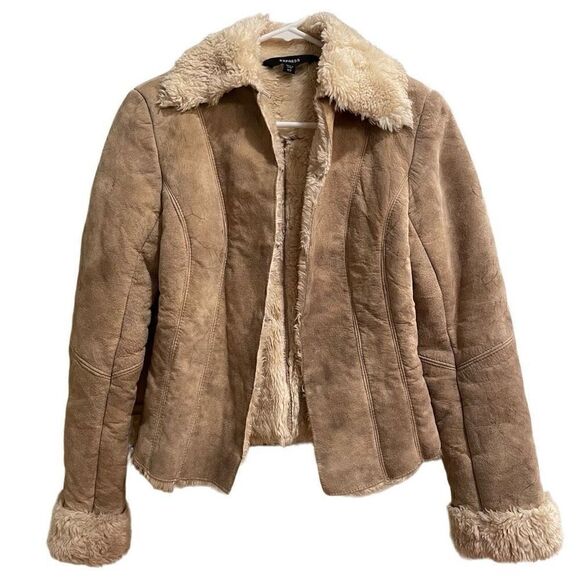 Express Jacket Women’s 1/2 Coat Suede Tan Shearling Bomber Mob Wife Aesthetic - Picture 1 of 9